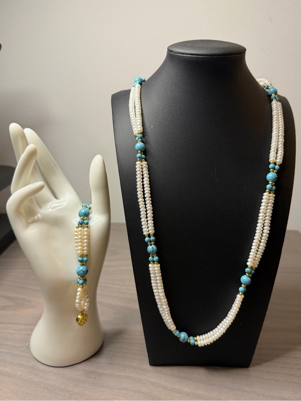 Danbury Mint Pearl and Turquoise Bead Long Necklace with Matching Bracelet